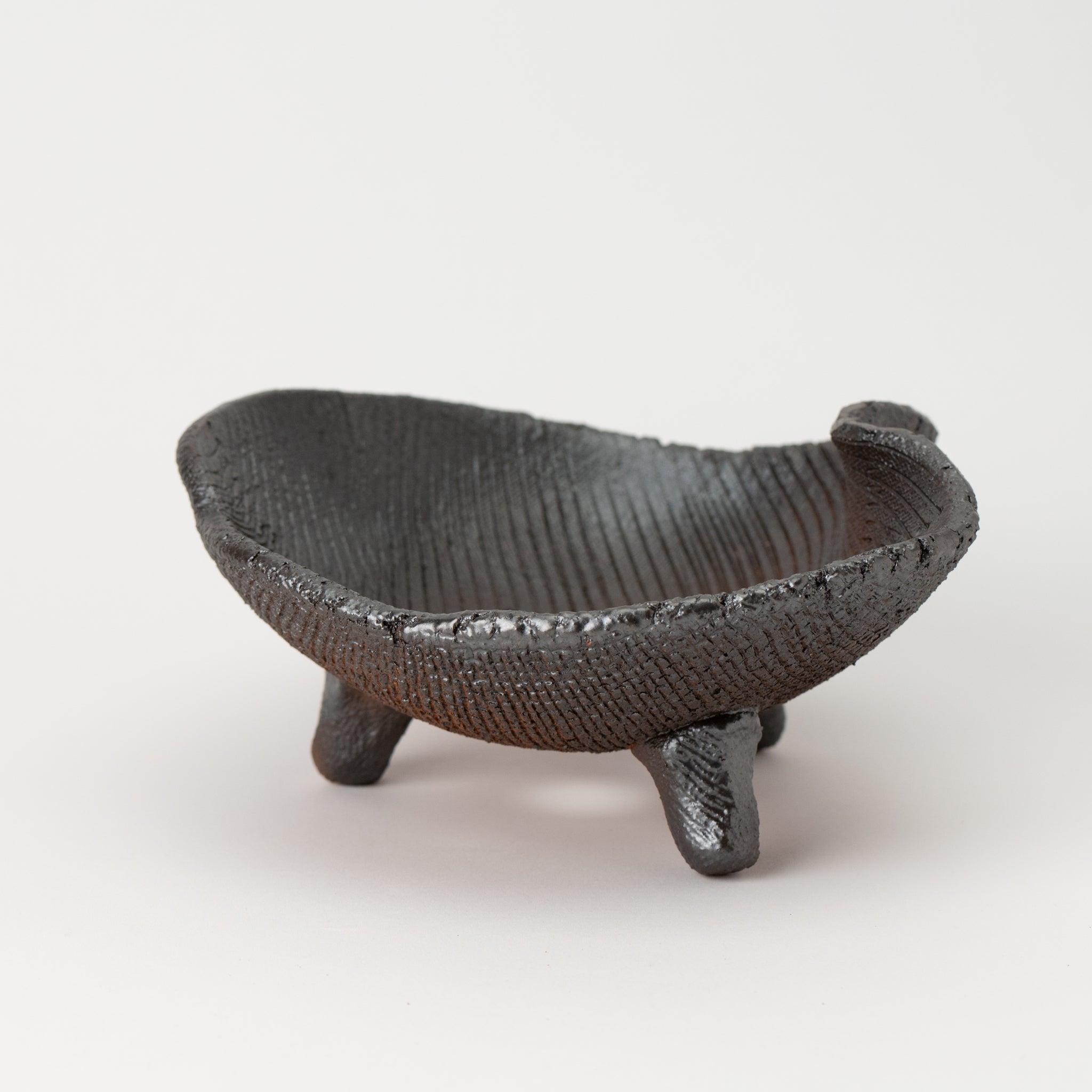 Naginowa Shigaraki Ware Flat 3 Black Glaze Japanese Bonsai Pot 7.3 in.