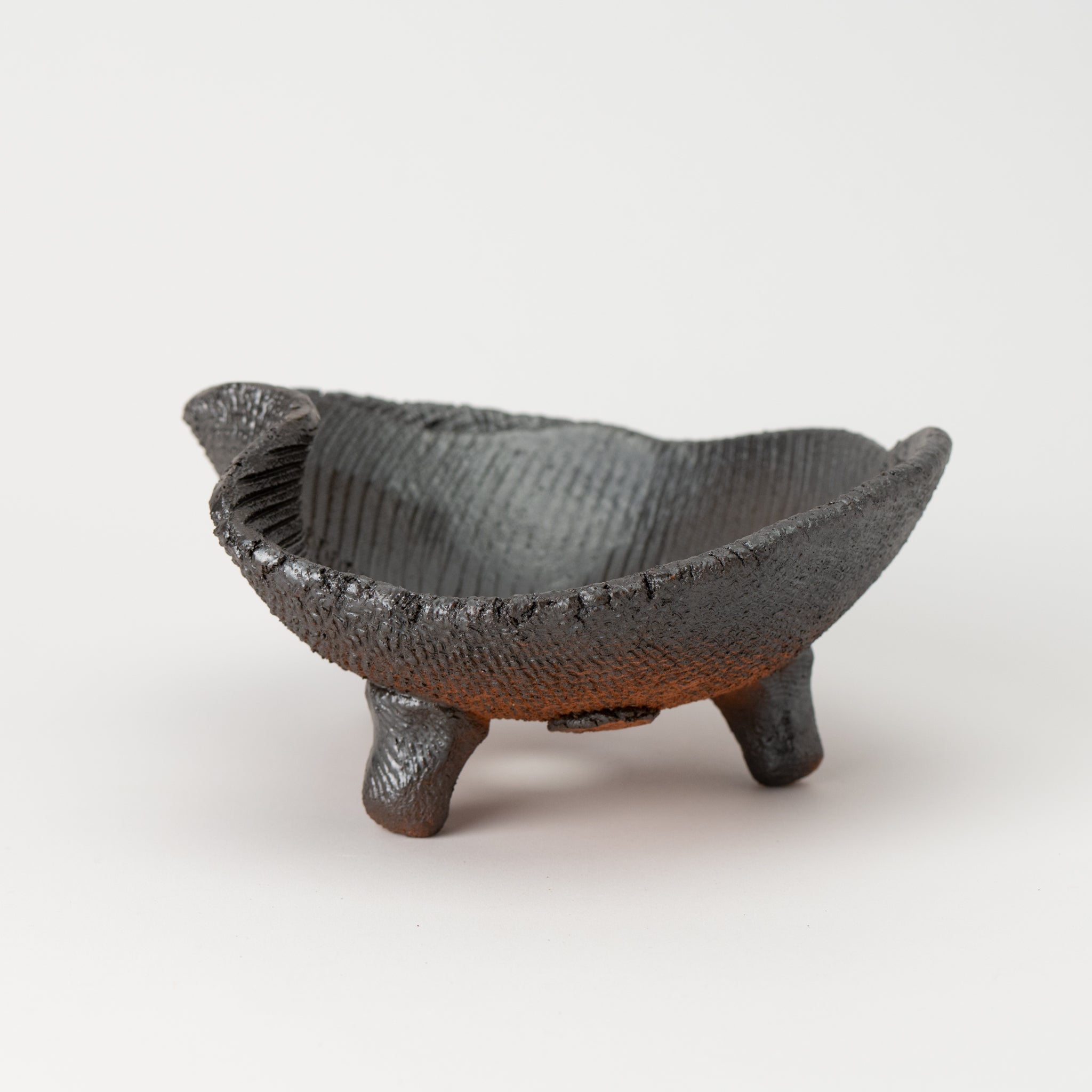 Naginowa Shigaraki Ware Flat 3 Black Glaze Japanese Bonsai Pot 7.3 in.