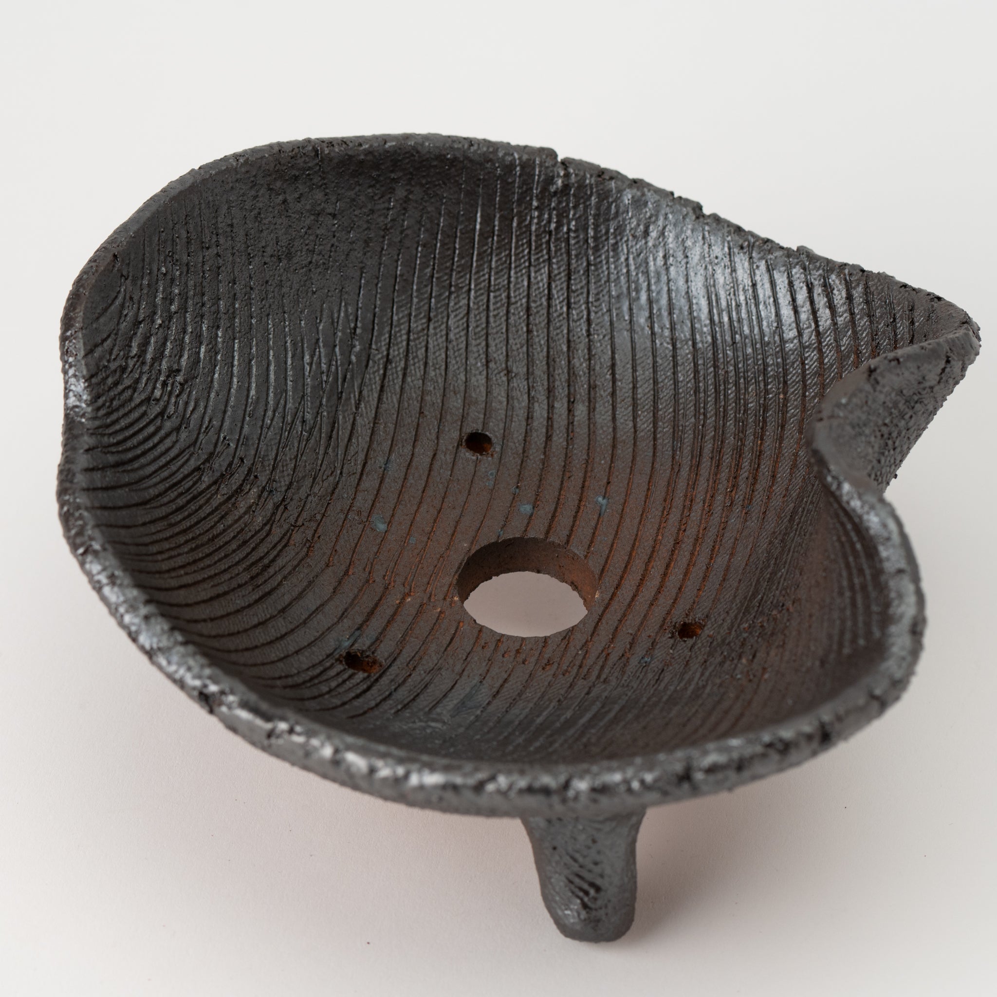 Naginowa Shigaraki Ware Flat 3 Black Glaze Japanese Bonsai Pot 7.3 in.