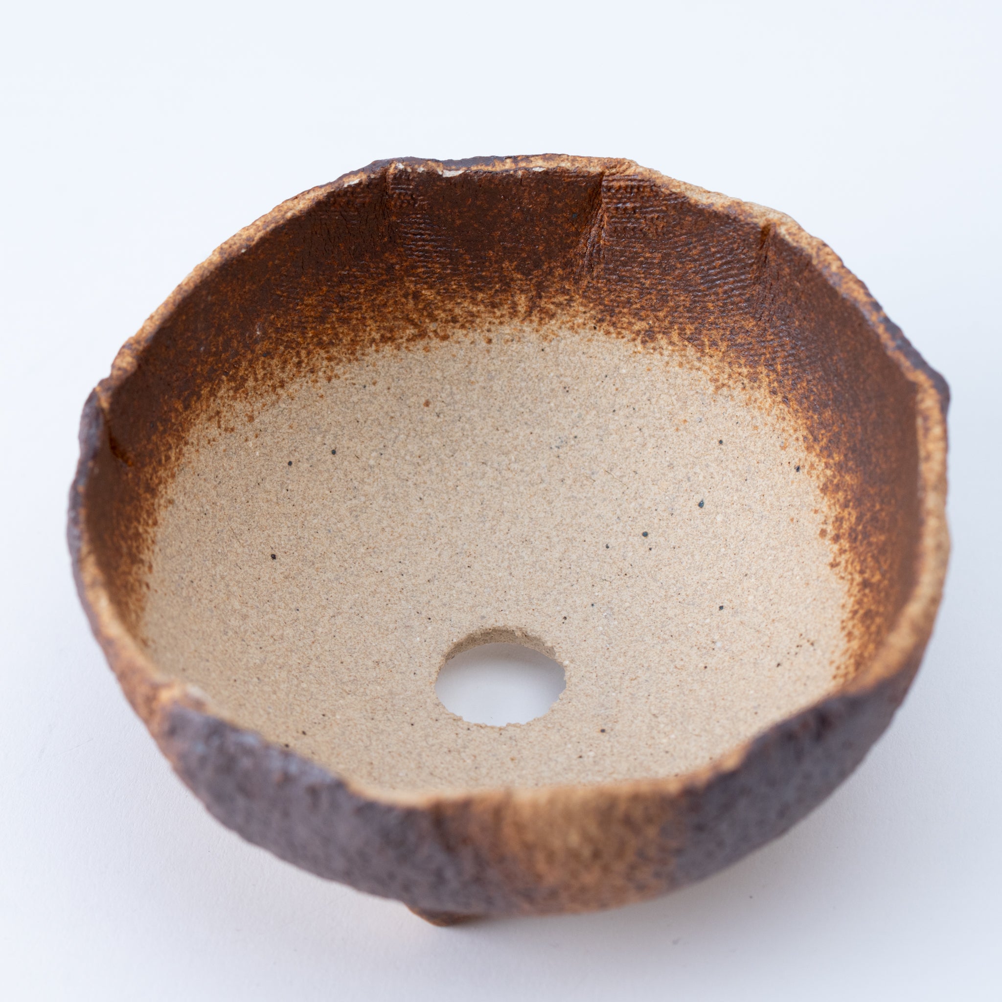 NAGINOWA Brown Striped Pattern BANKO Ware Japanese Bonsai Pot 4.3 in.