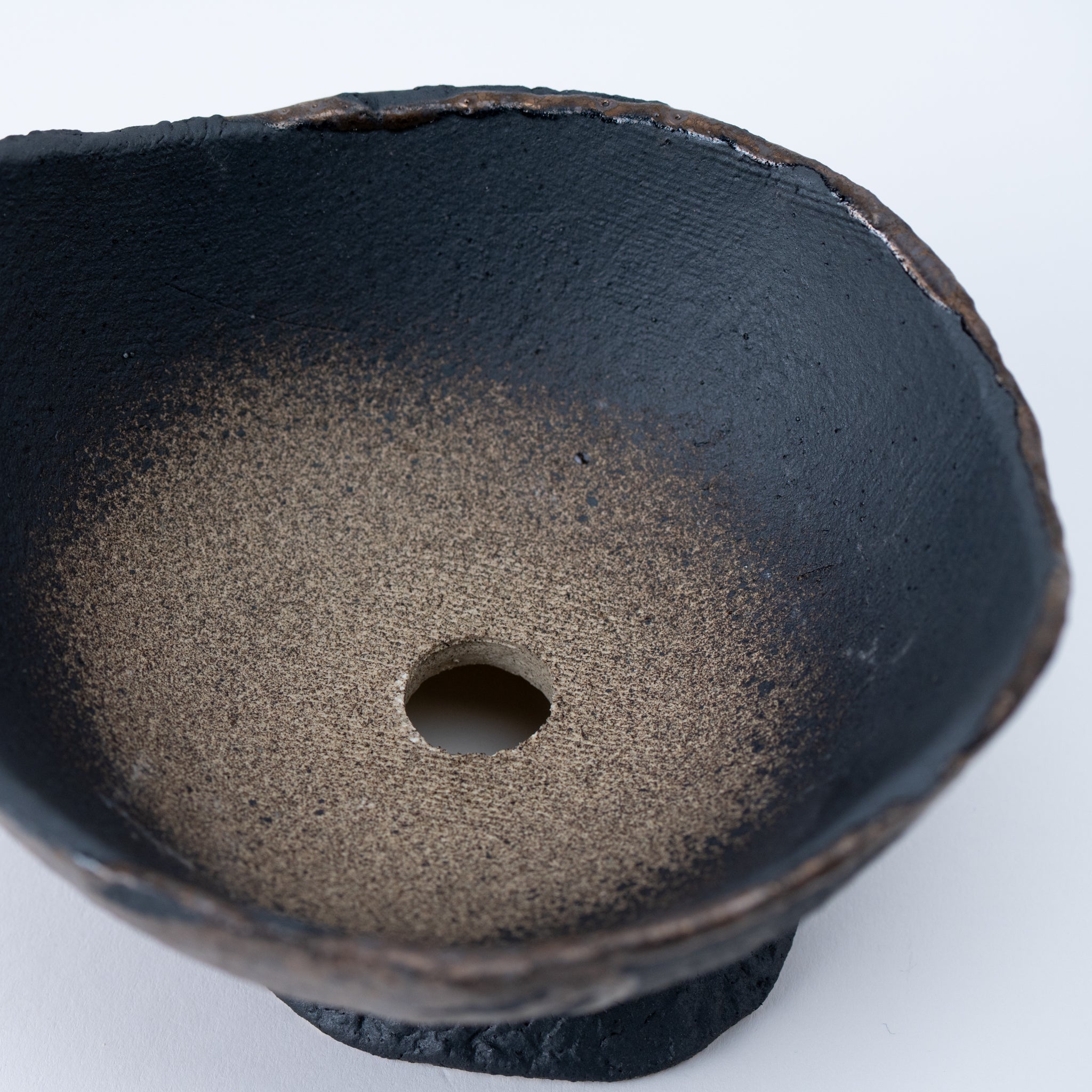 Naginowa Black and Gold Curved with Stand BANKO Ware Japanese Bonsai Pot 5.9 in.