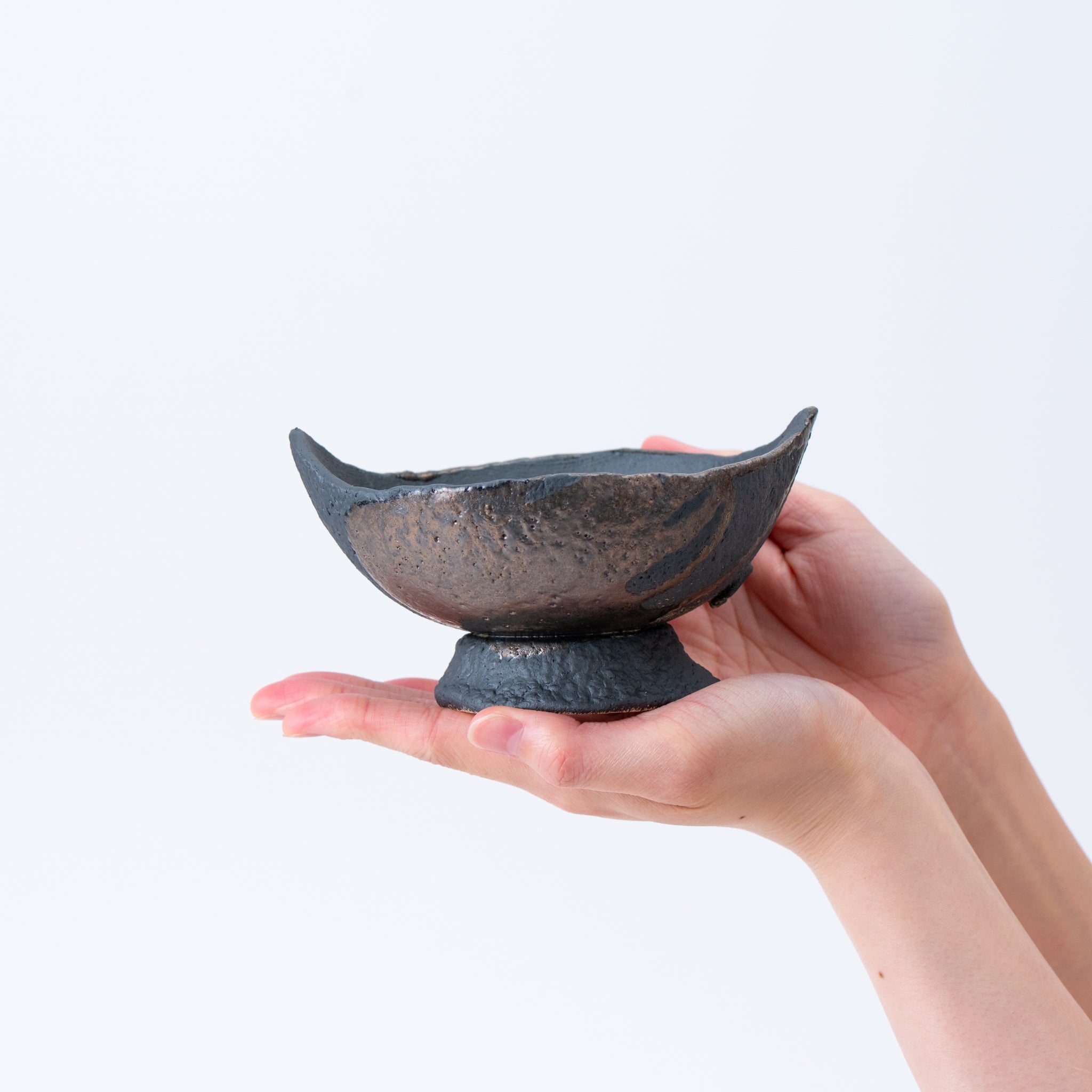 Naginowa Black and Gold Curved with Stand BANKO Ware Japanese Bonsai Pot 5.9 in.