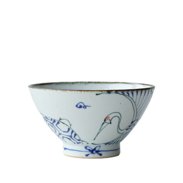 Blue Tsuru Turtle Traditional Japanese Style Rice Bowl Porcelain