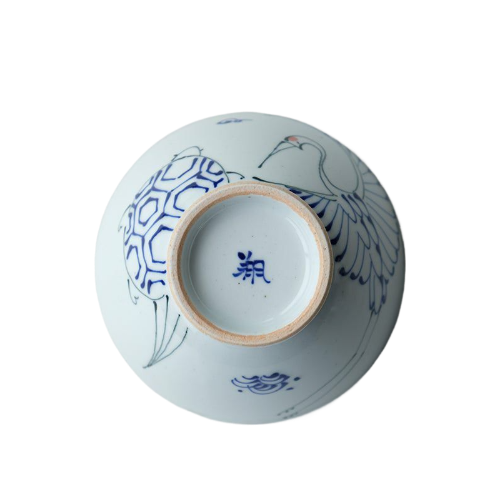 Blue Tsuru Turtle Traditional Japanese Style Rice Bowl Porcelain