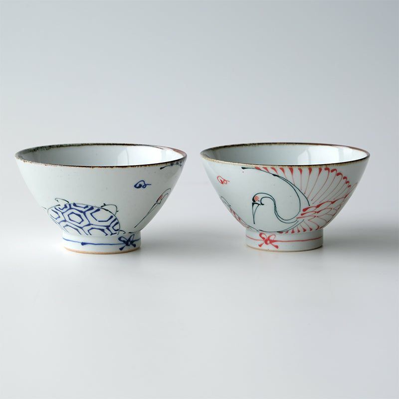 Blue Tsuru Turtle Traditional Japanese Style Rice Bowl Porcelain