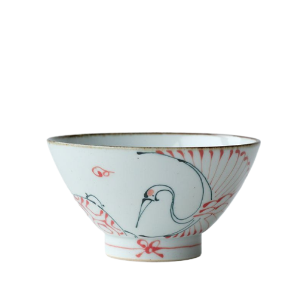 Red Tsuru Turtle Traditional Japanese Style Rice Bowl Porcelain