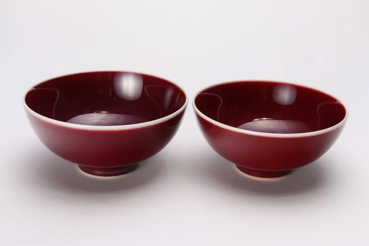 Cinnabar Burgundy Traditional Japanese Style Rice Bowl Set Ceramics