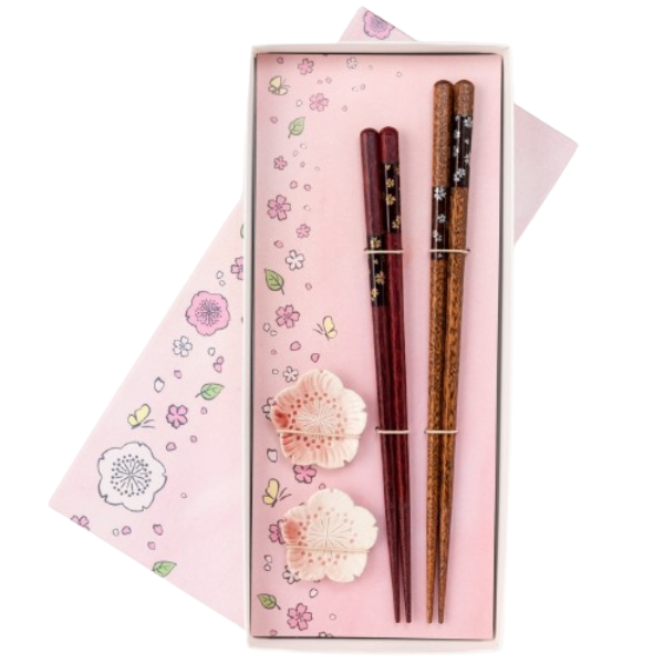 Octagonal Cherry Blossom Japanese Chopsticks Set with Chopstick Rests Dishwasher Safe