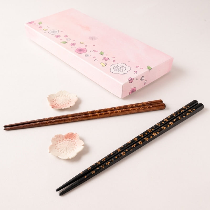 Carved Cherry Blossom Japanese Chopsticks Set with Chopstick Rests Dishwasher Safe