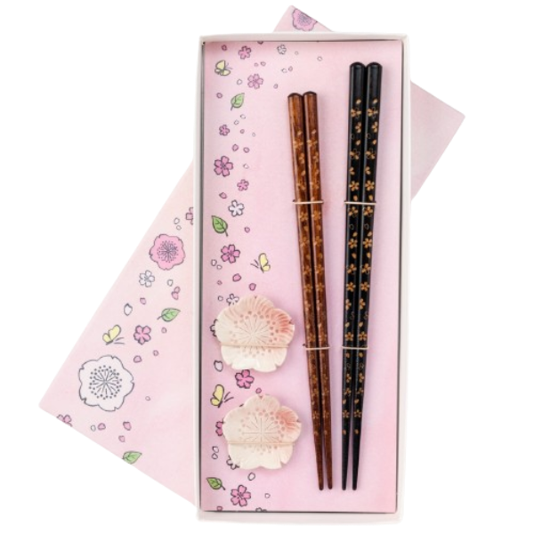 Carved Cherry Blossom Japanese Chopsticks Set with Chopstick Rests Dishwasher Safe