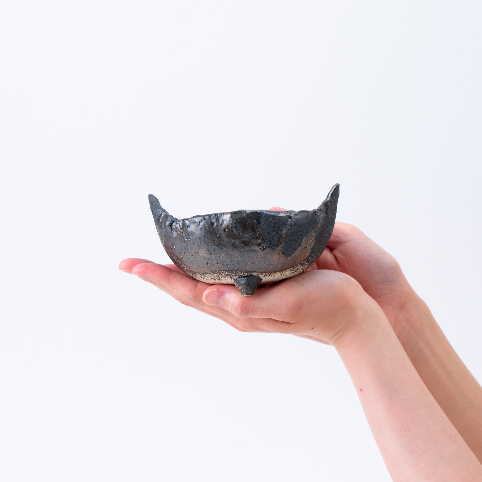 NAGINOWA Black Gold Two Horns BANKO Ware Japanese Bonsai Pot 4.78 in.