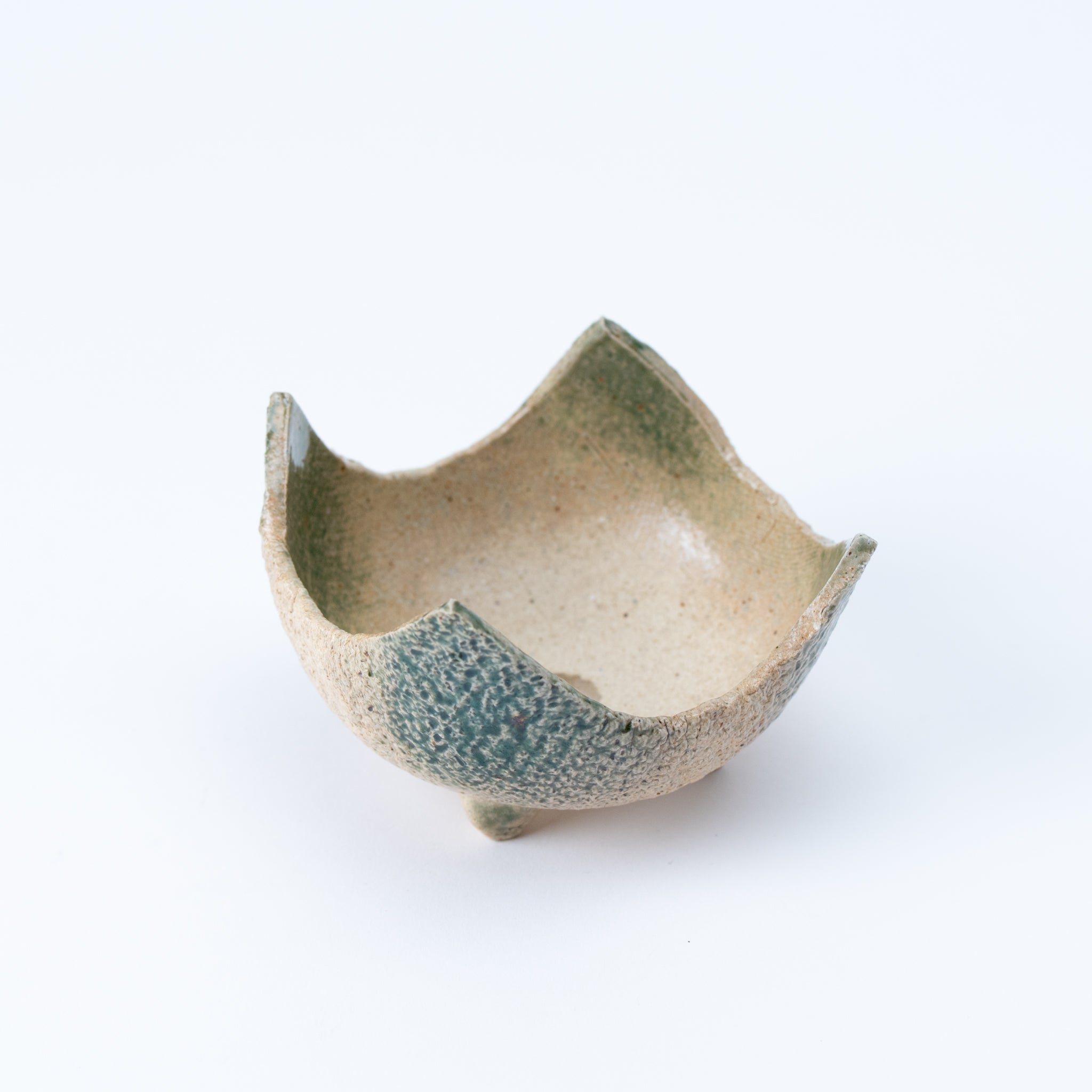 NAGINOWA Beige Green Crown BANKO Ware Japanese Bonsai Pot 4.1 in.