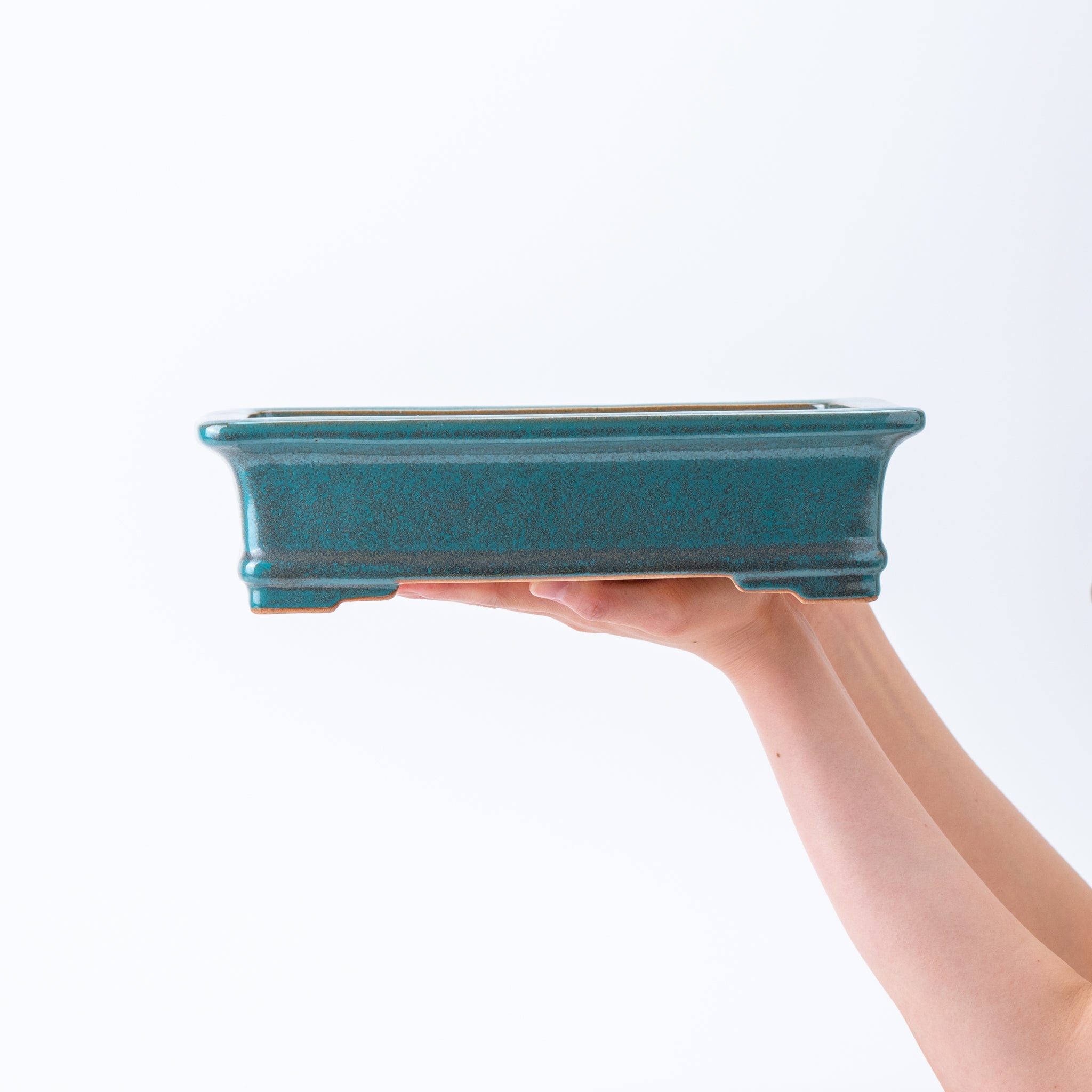 Reihou Tokoname Ware Rectangular Shape with Rim and Lower Band Japanese Bonsai Pot