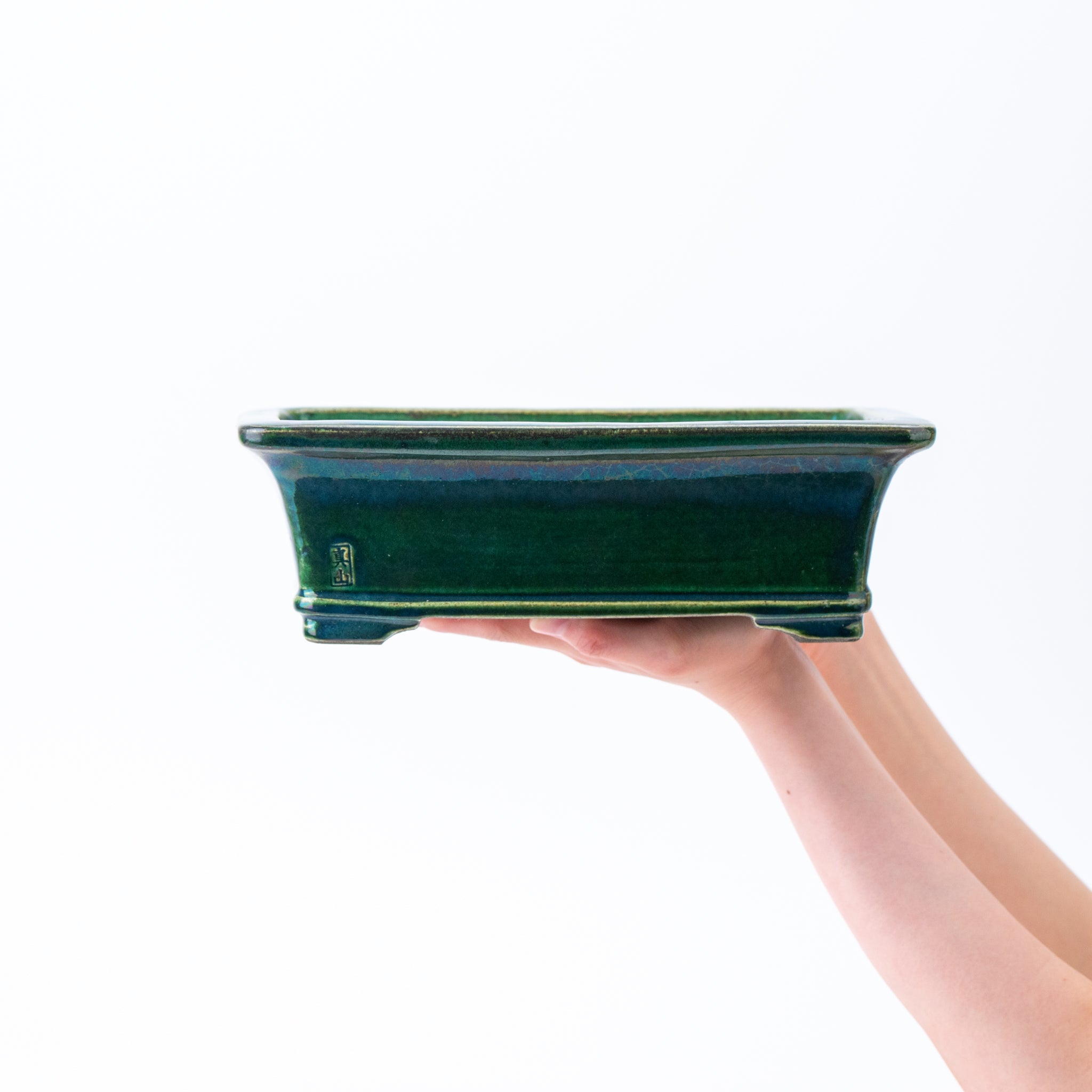 Shinzan Seto Ware Rectangular Shape with Rim and Lower Band Japanese Bonsai Pot