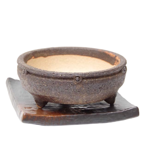 Shigaraki ware bowl, Bonsai Pot, diameter 4.5 inch, saucer (4.7 inch) set